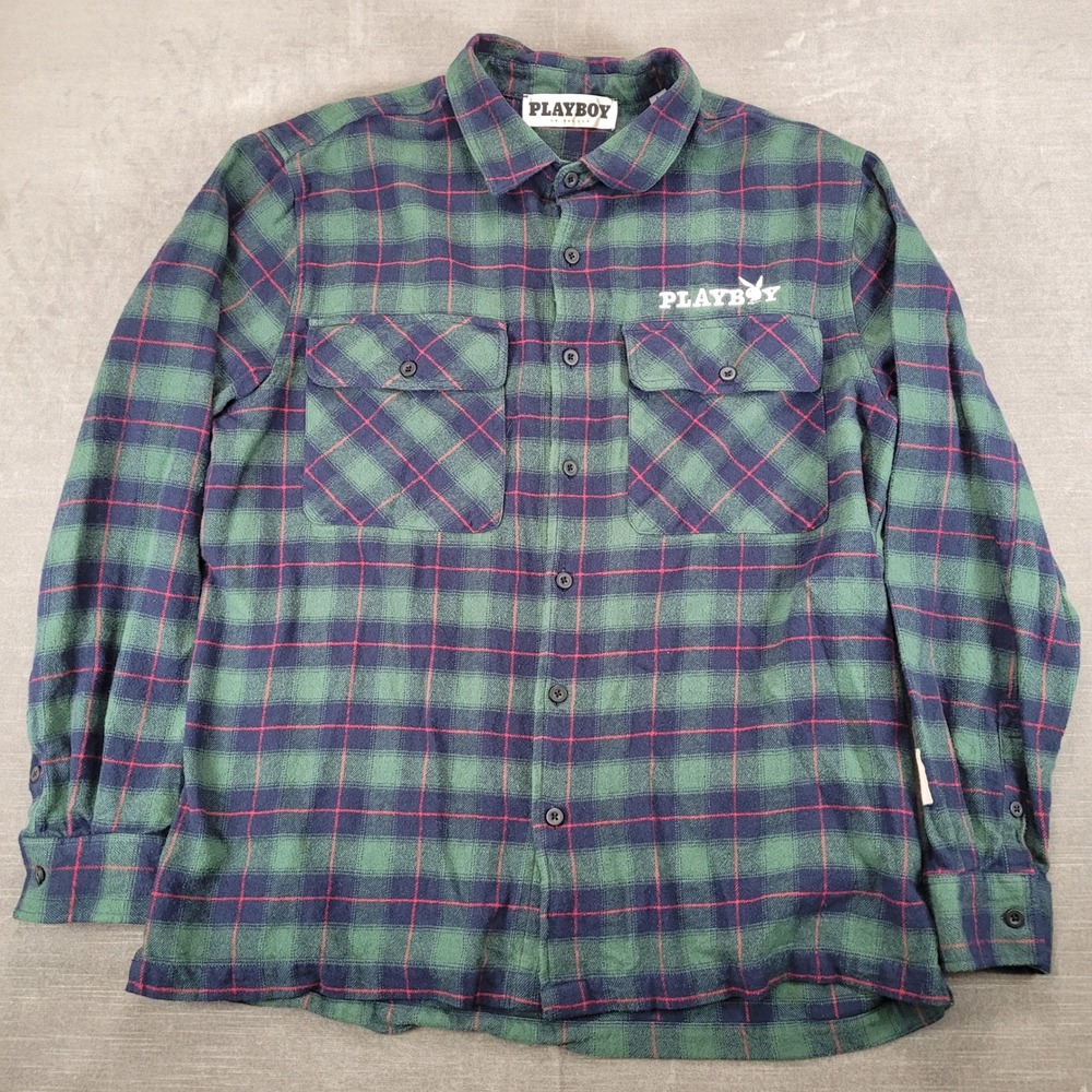 Playboy by PacSun Mens Green‎ Blue Plaid Flannel Button Up Shirt Large Logo